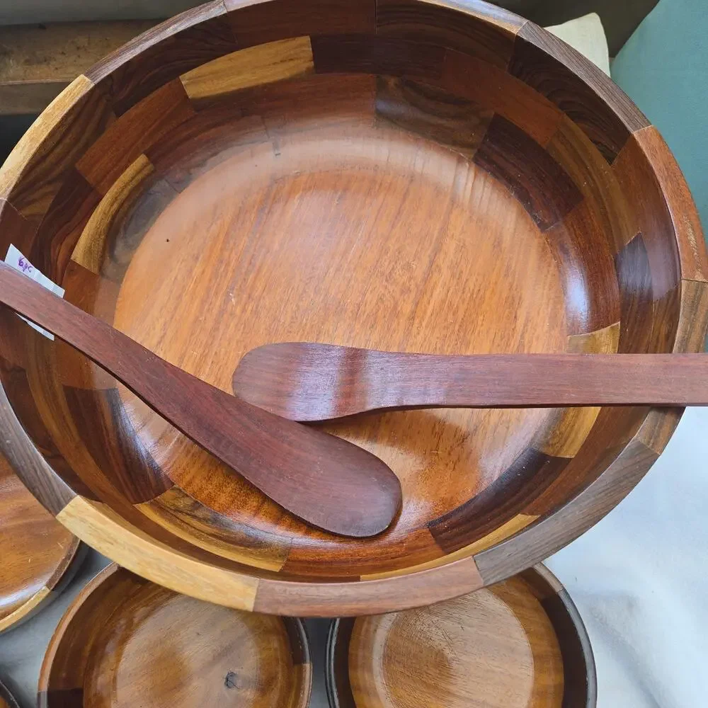 Teak Wood Bowls Set Wood 8 Piece Serving Set + Salad Bowl & Serving Utensils